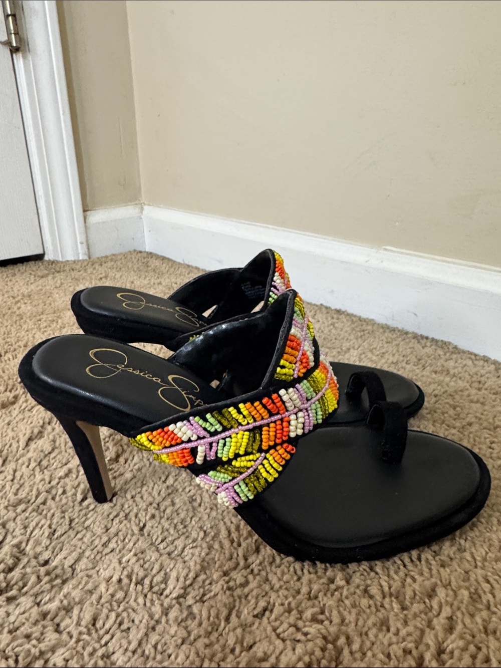 Jesicca Simpson Beaded Black Slide Sandals Multicolor Beadwork size 8.5 Vacation